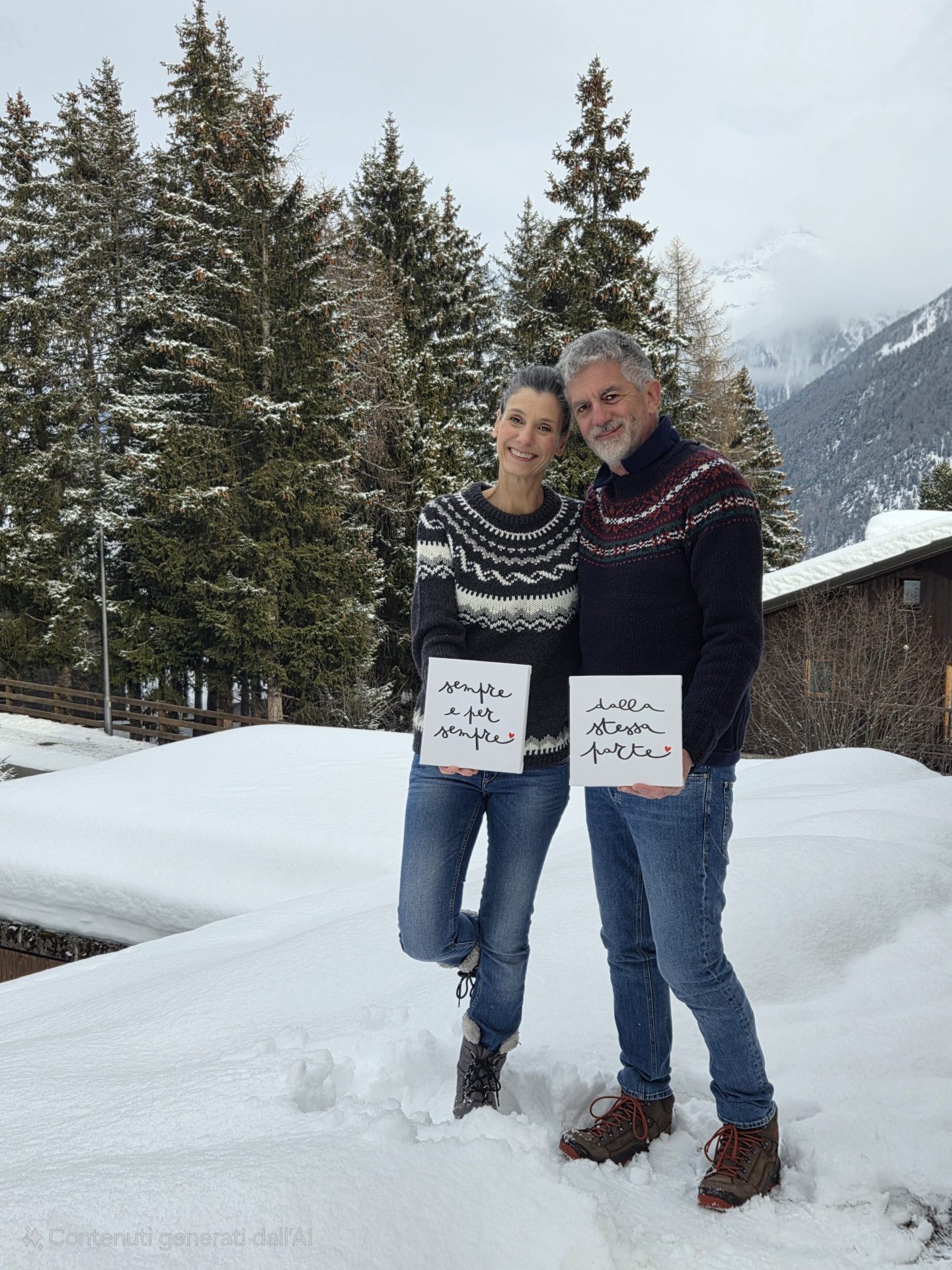 Marie Biondini e marito coppia over 50 capelli brizzolati sulle montagne innevate con quadri romantici in mano 