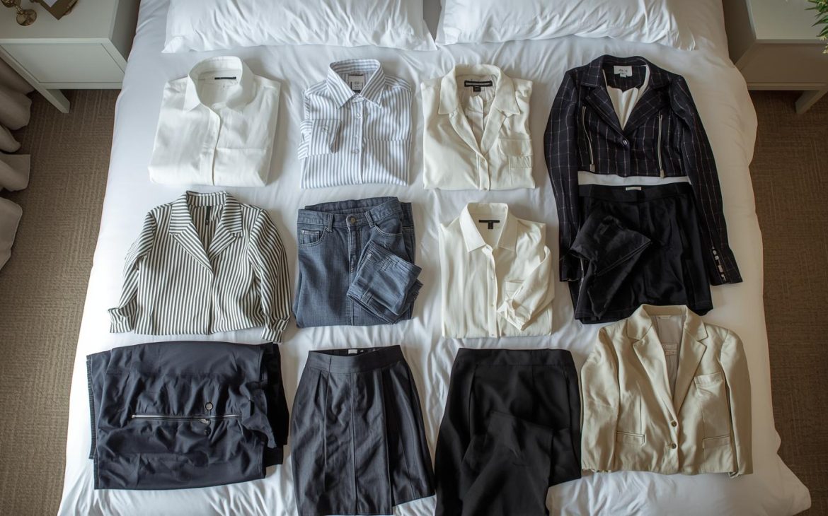 vestiti divisi per categoria sul letto durante il cambio armadio